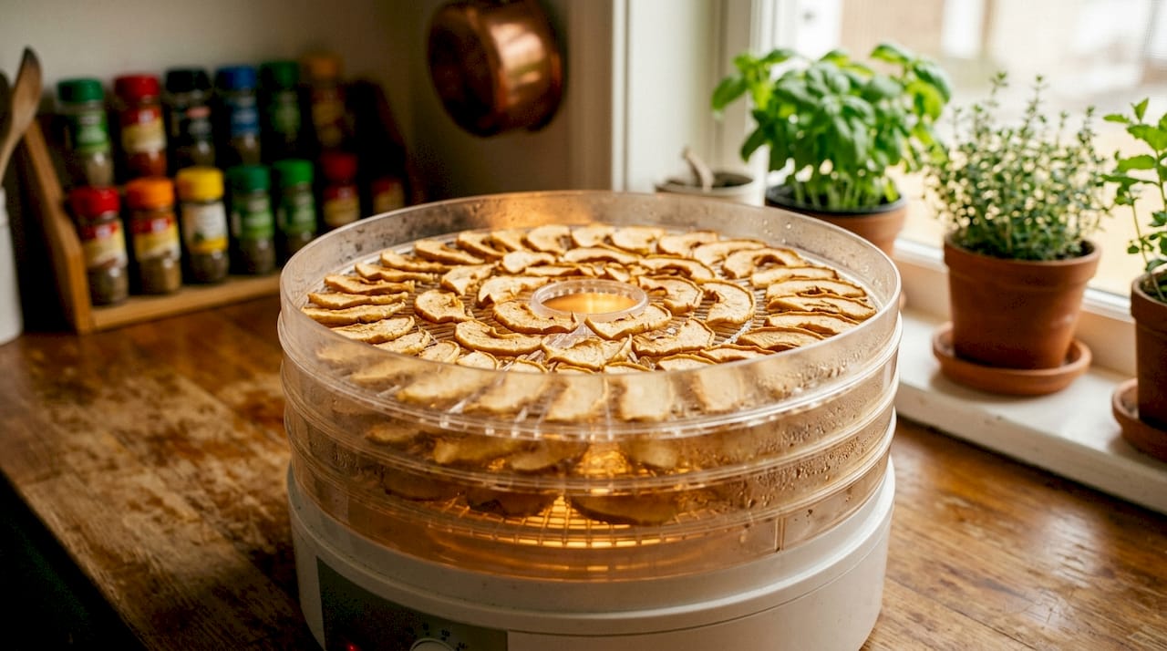 Close-up of apple slices drying inside food dehydrator