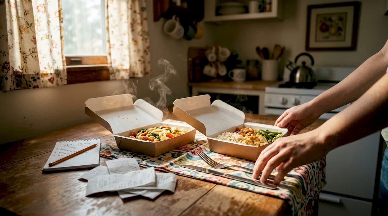 Open frozen meals and budgeting setup on table