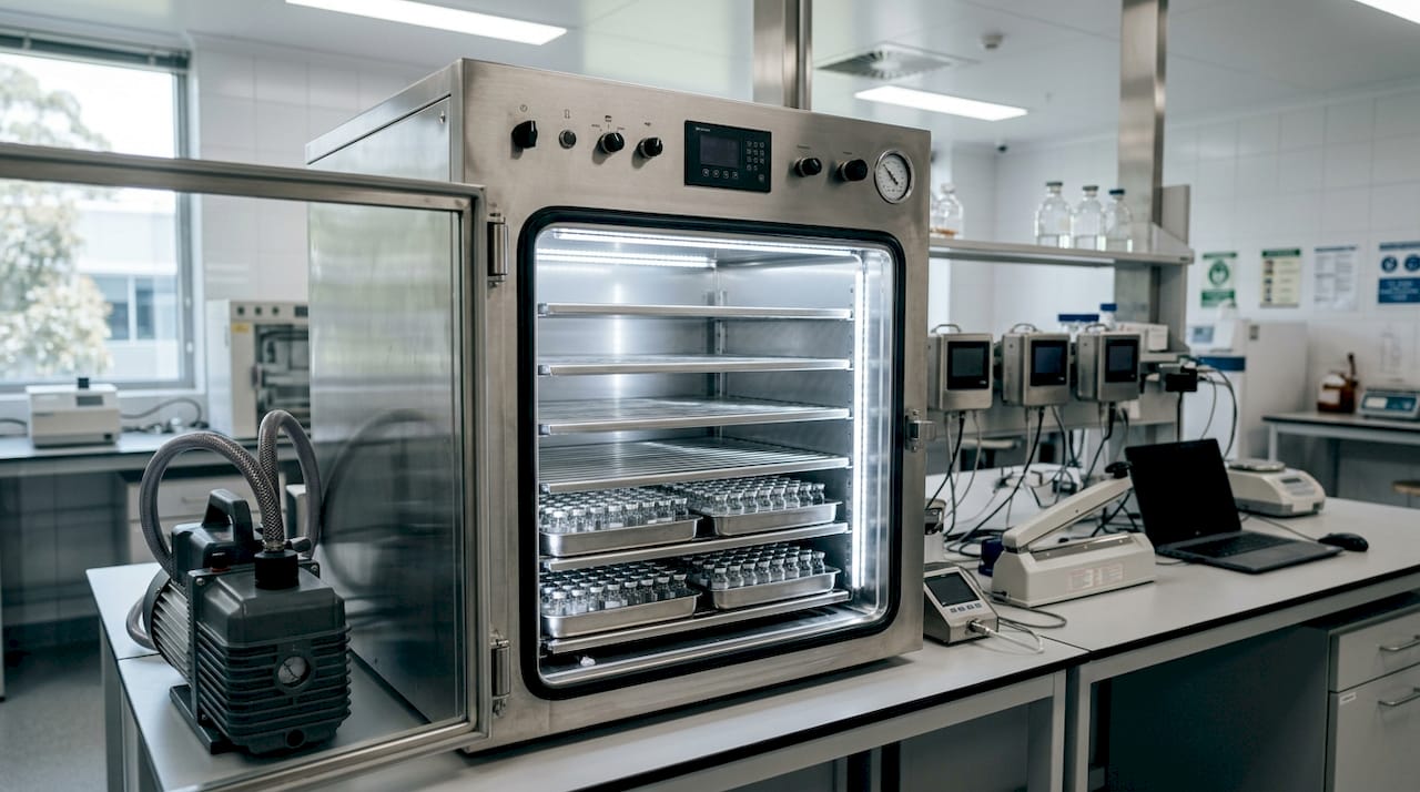Interior view of lyophilizer drying shelves in laboratory