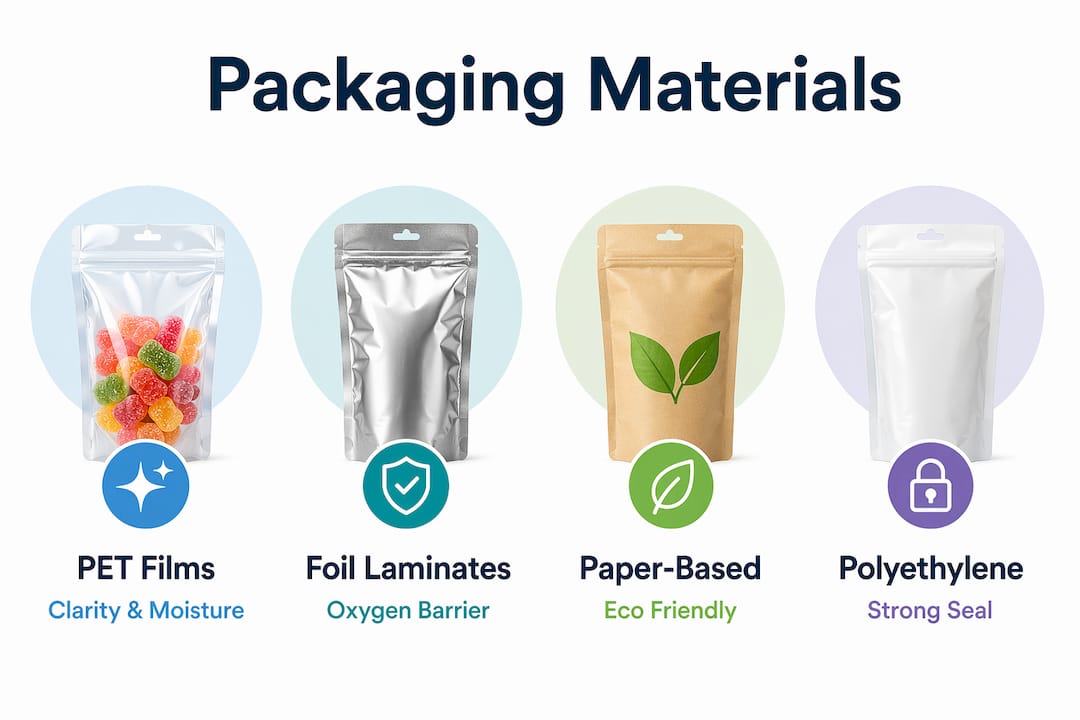 Infographic showing key sweet pouch packaging materials and benefits