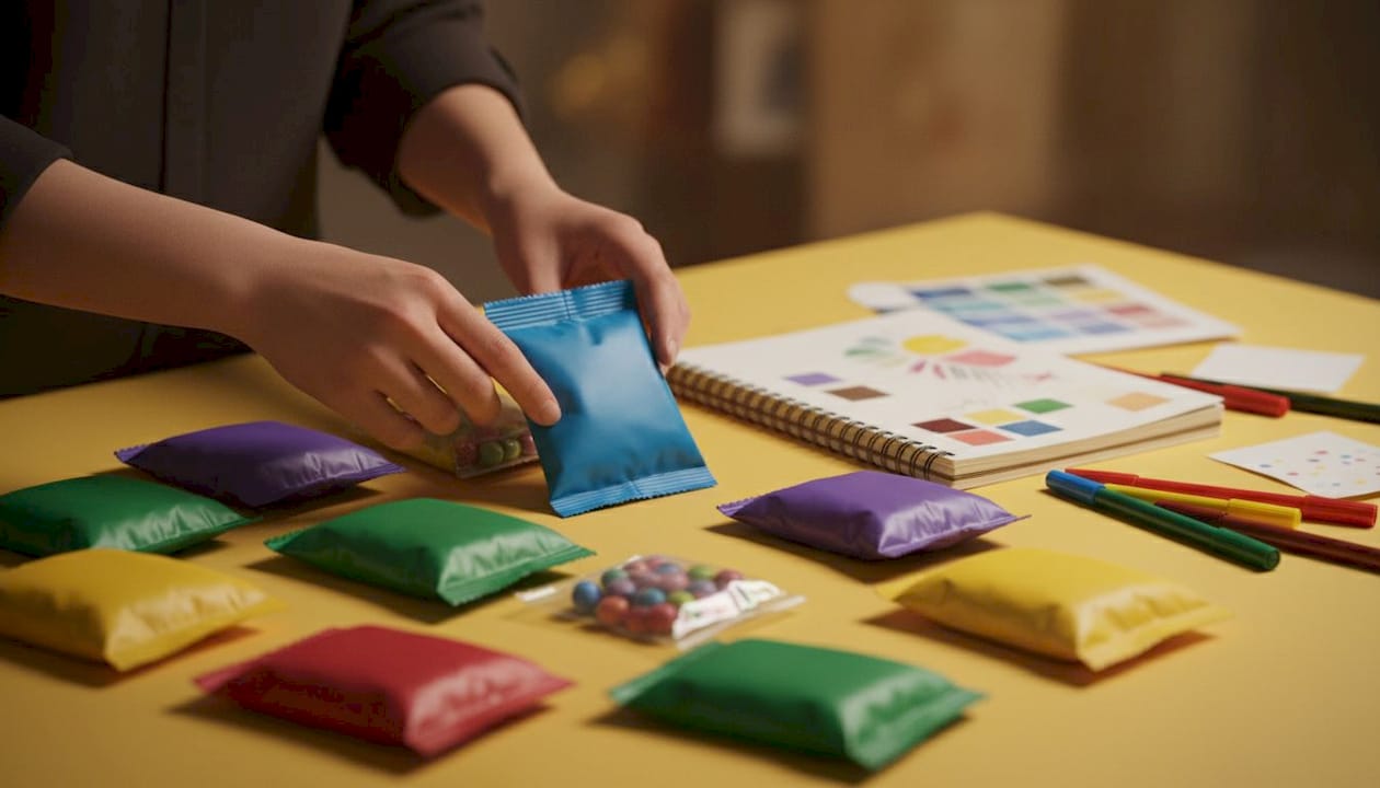 Hands arranging colorful blank sweet pouches on white table