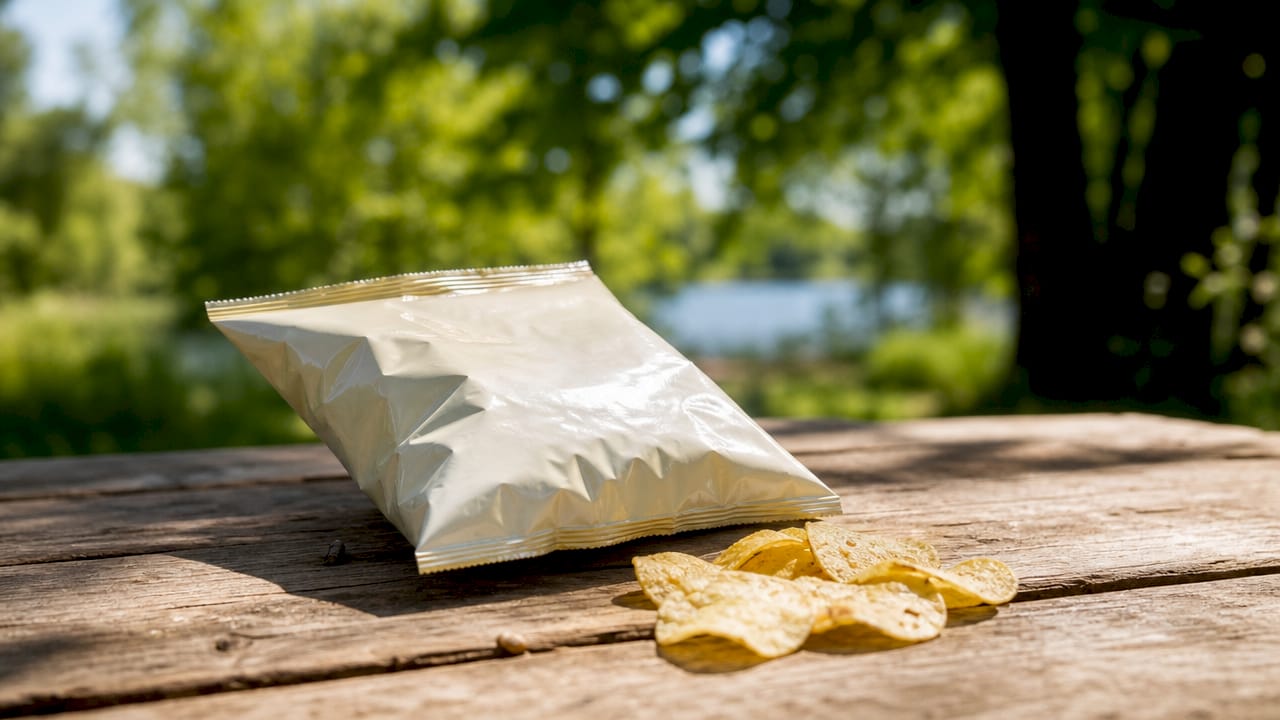 Single bag of salted potato chips with chips