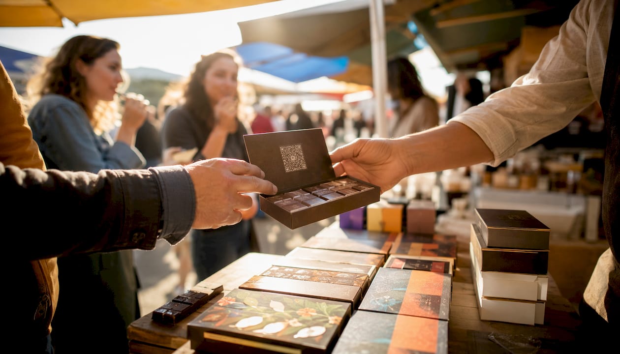 Hands scanning chocolate box QR code in store