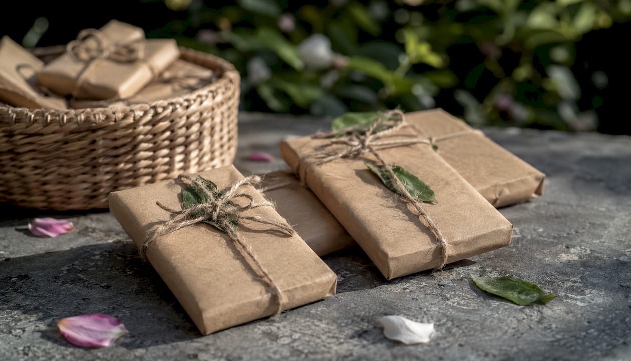 Eco-friendly kraft chocolate packaging overhead