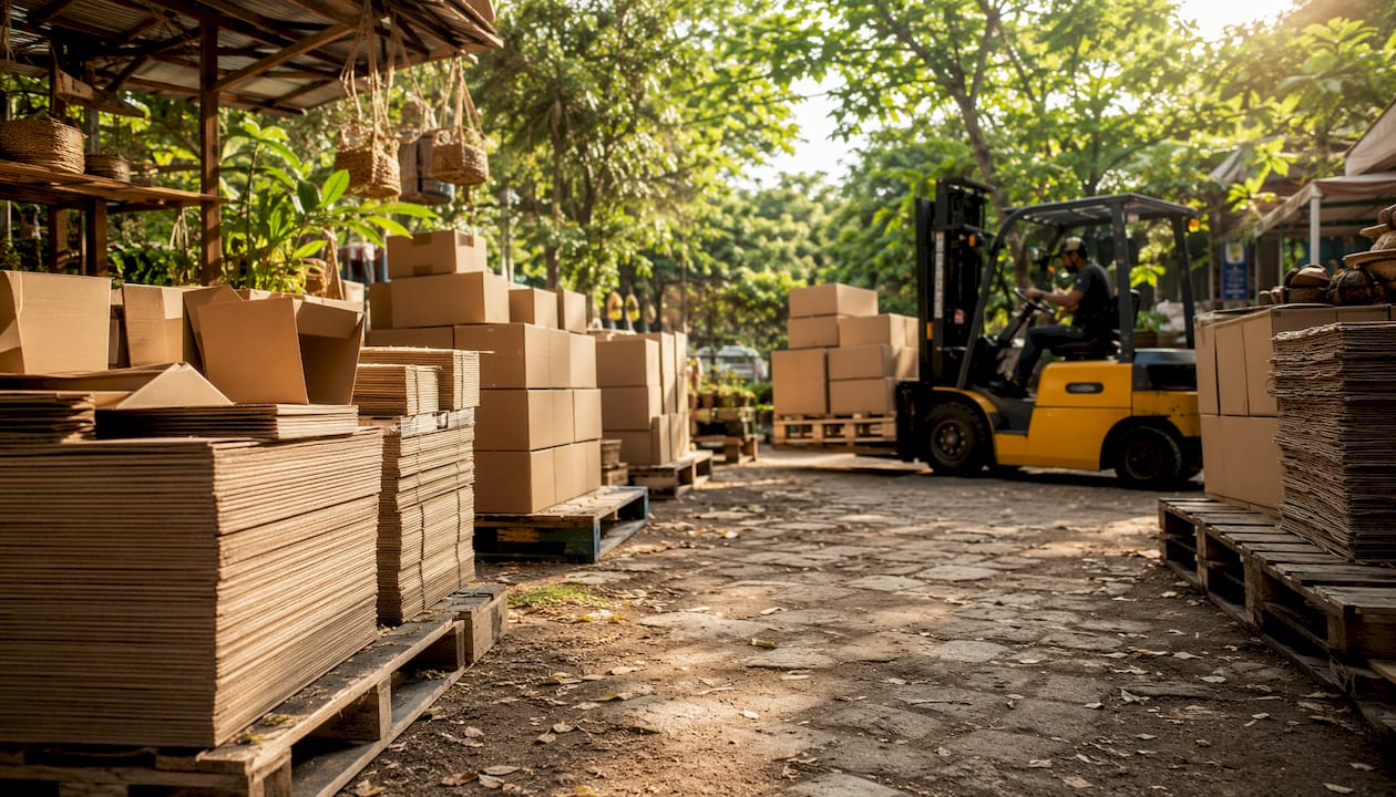 Warehouse with stacked packaging pallets and forklift