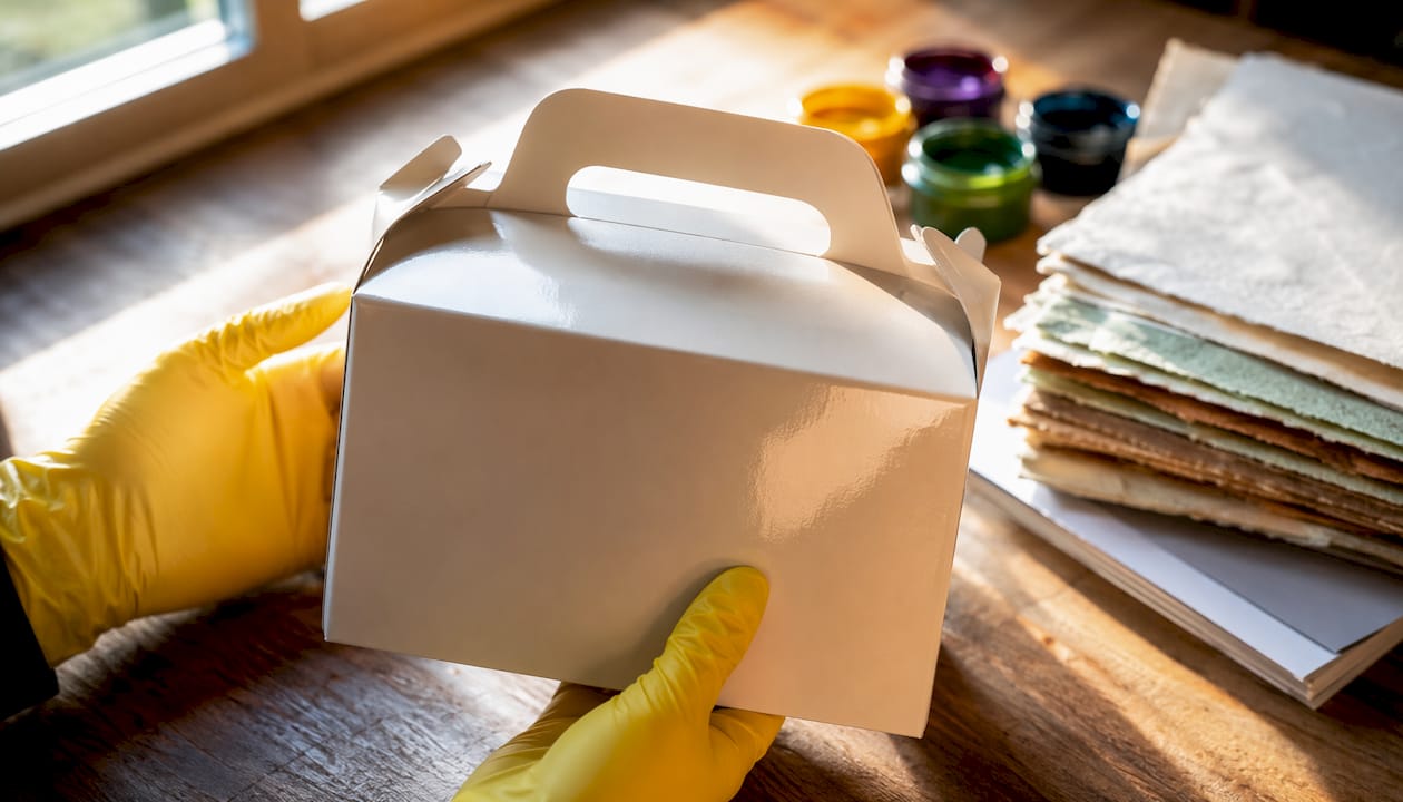 Gloved hand holding premium laminated pastry box