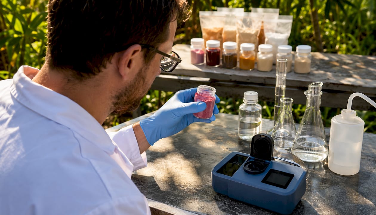 Lab technician handling acerola powder sample