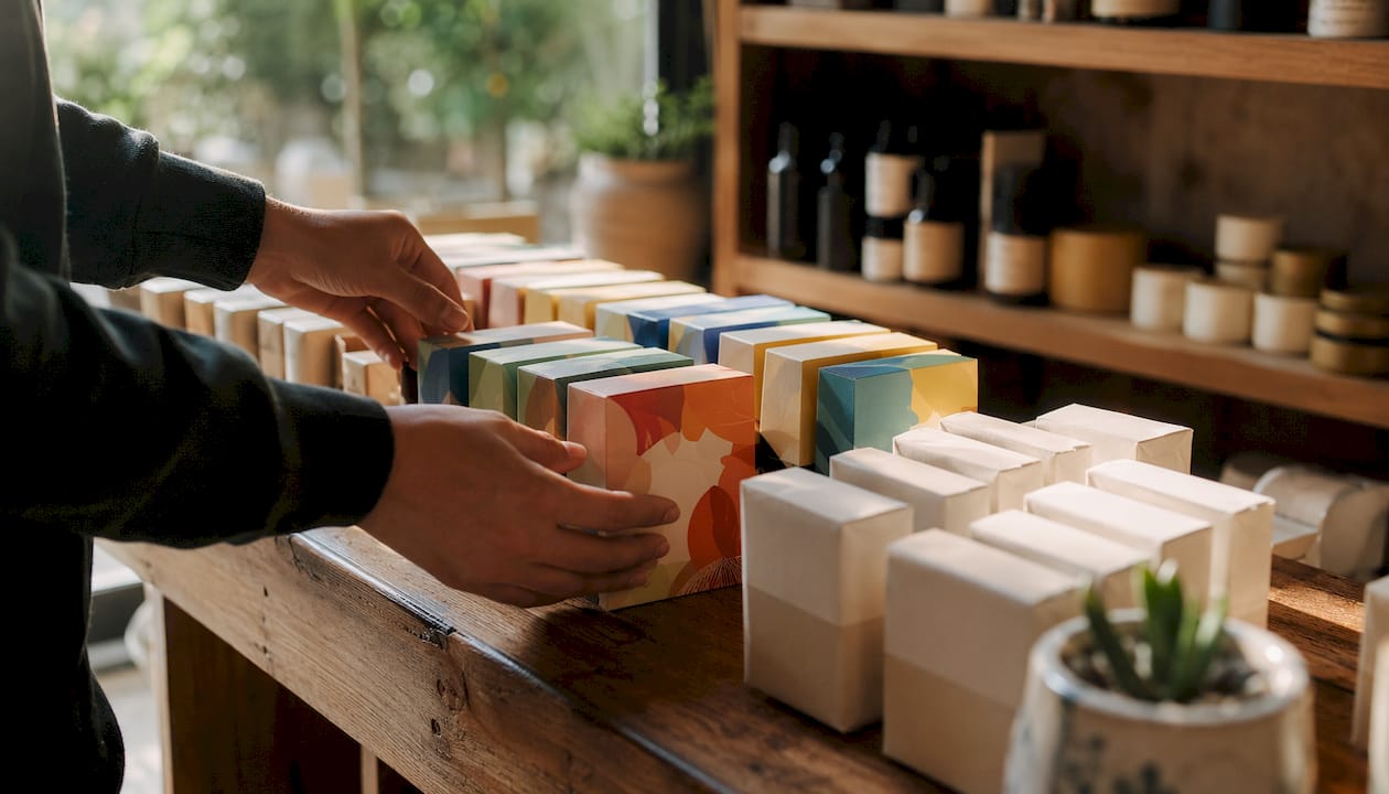 Hands placing private label and national brand packages side by side
