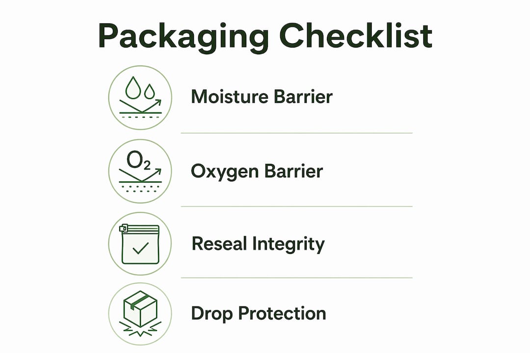 Checklist infographic of freeze-dried candy packaging requirements