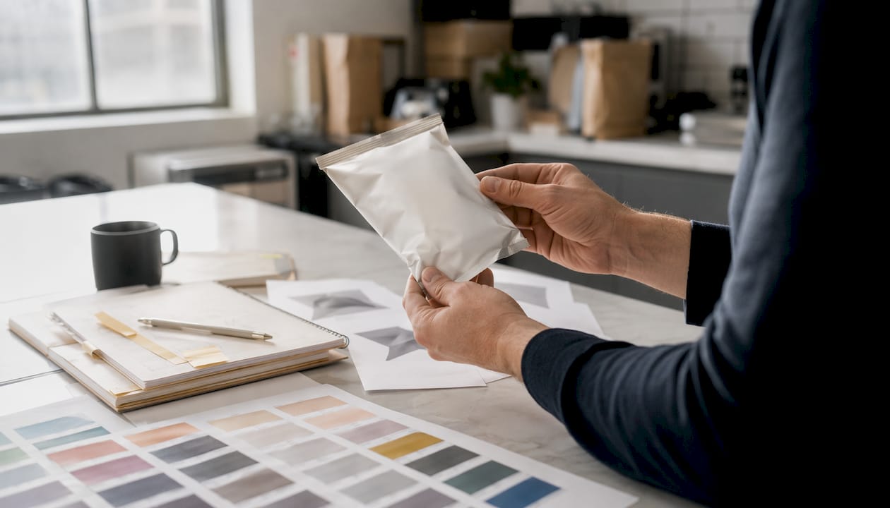 Hands inspecting printed snack logo sample