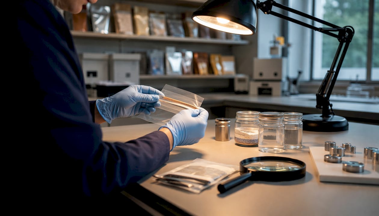 Technician inspecting packaging materials