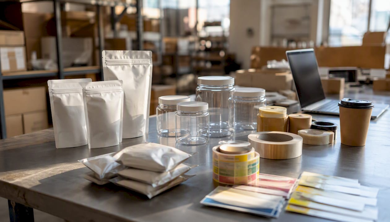 Overhead view of toffee packaging samples and tools
