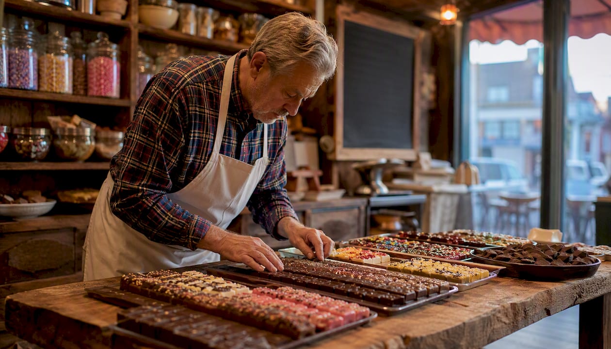 Chocolatier arranging candy bars in workshop
