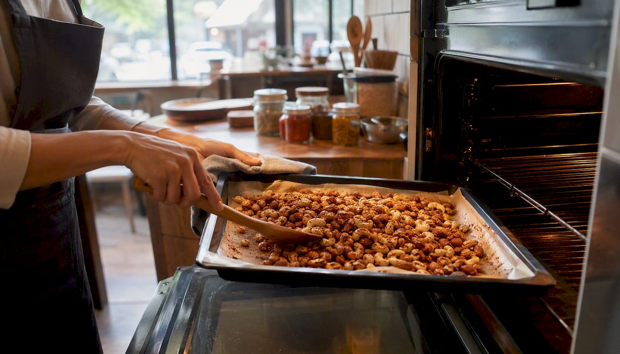 Hands stirring spiced nuts on baking sheet