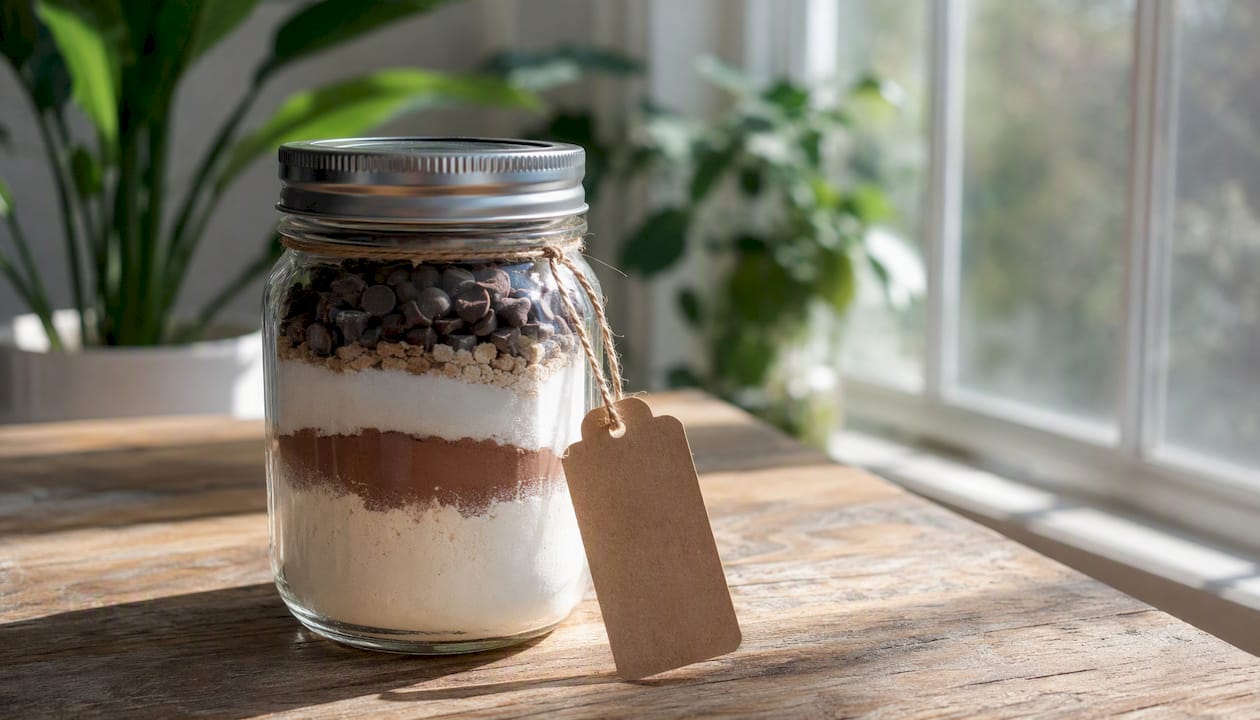 Layered cookie mix in mason jar with tag