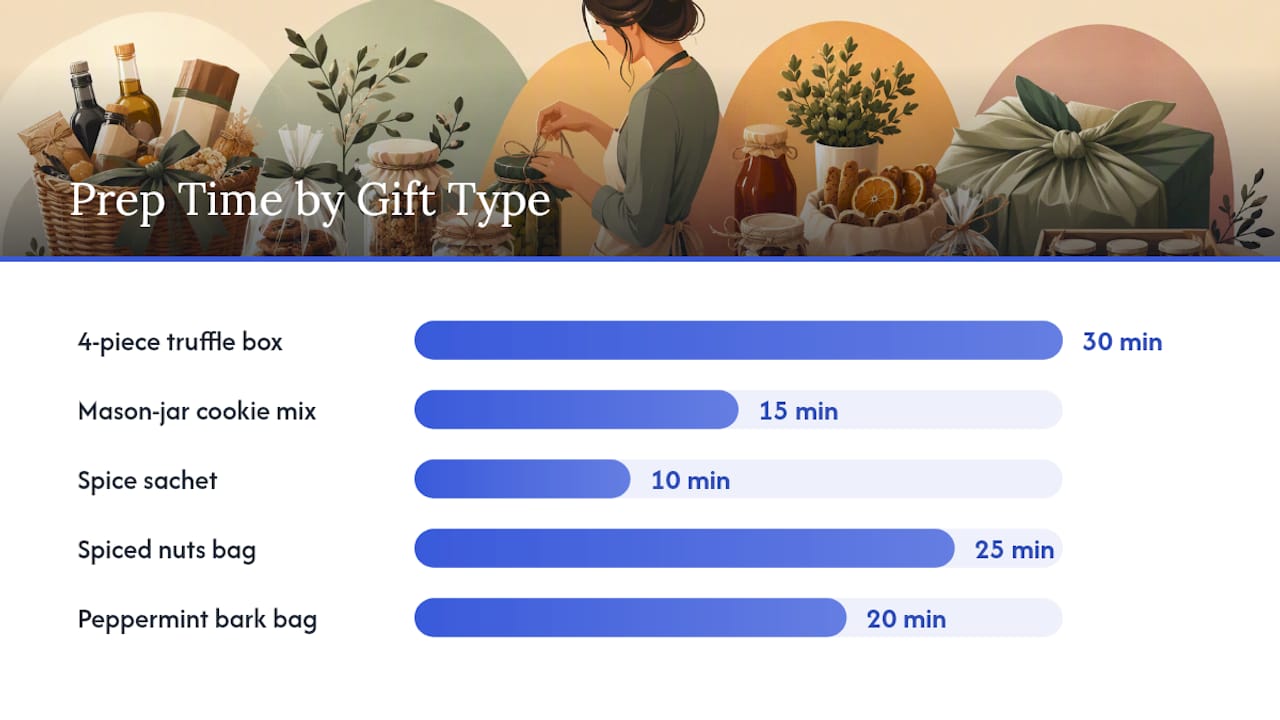 Comparison chart of edible gift prep time, cost, shelf life