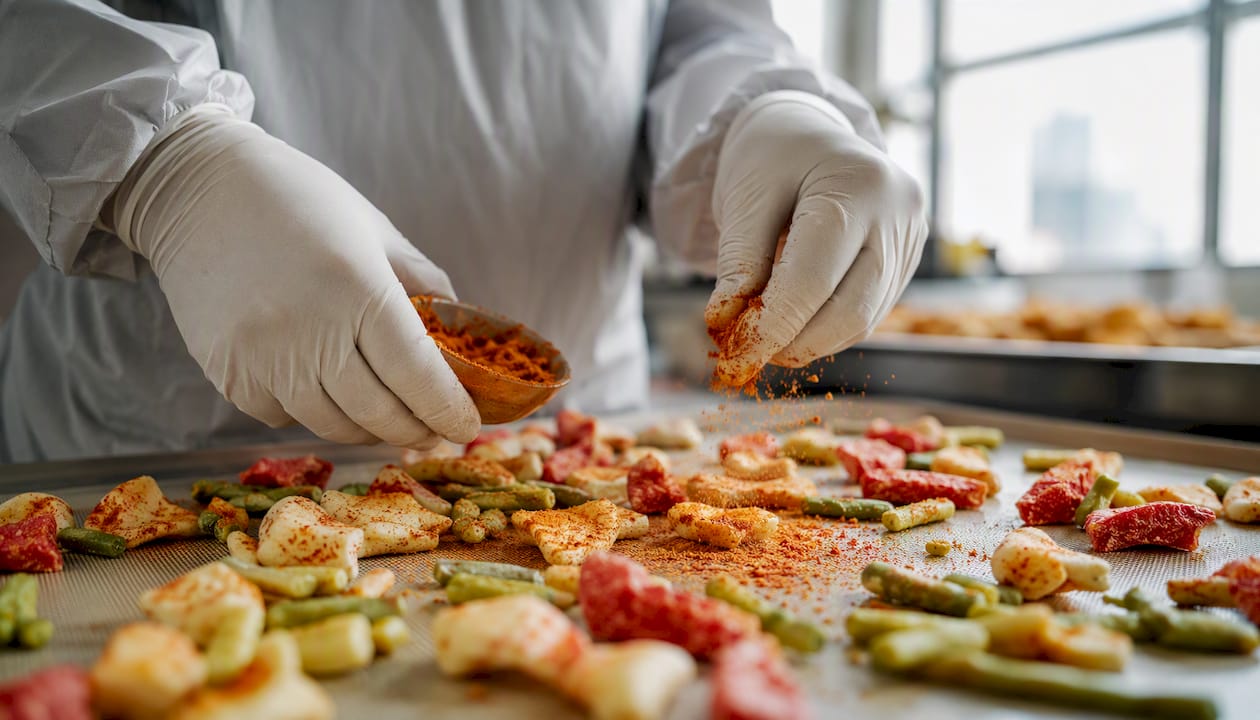 Hands dusting seasoning on freeze-dried snacks