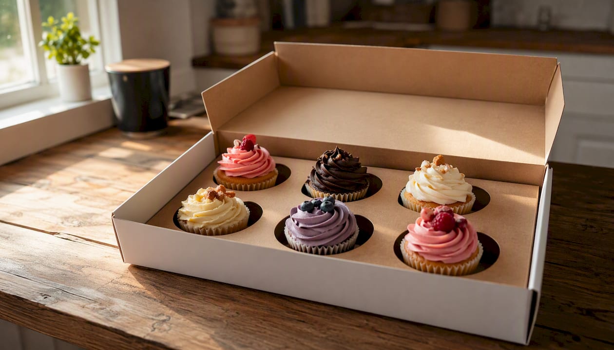 Cupcake box with inserts holding cupcakes