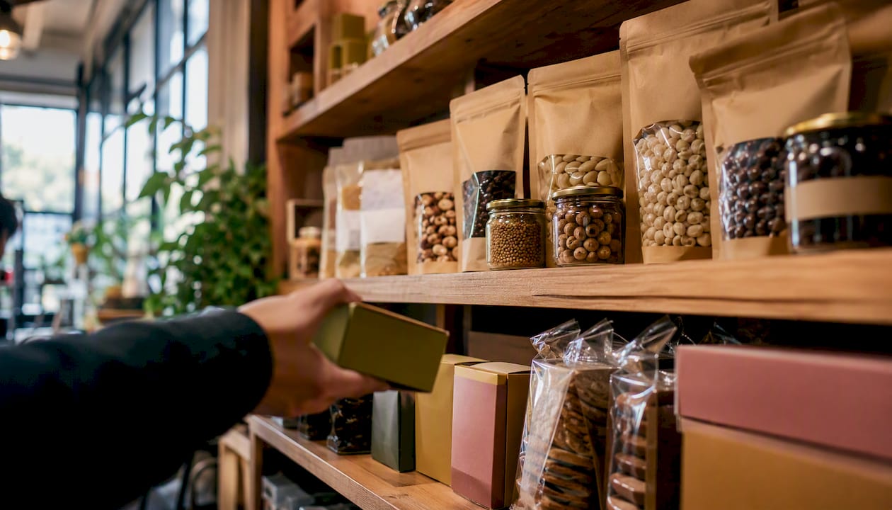 Grocery shelf with private label style products