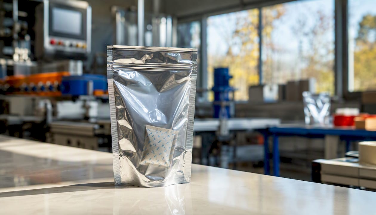 Sealed foil pouch with visible oxygen absorber