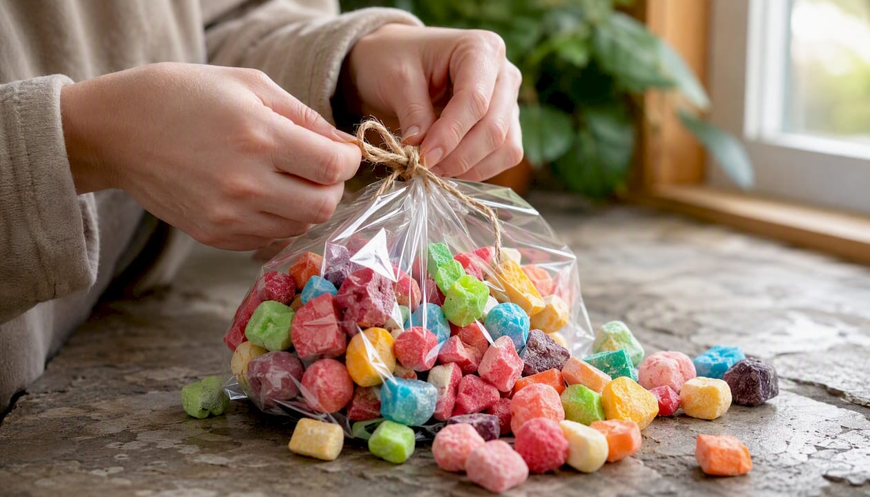 Hands tying ribbon on freeze-dried candy pouch