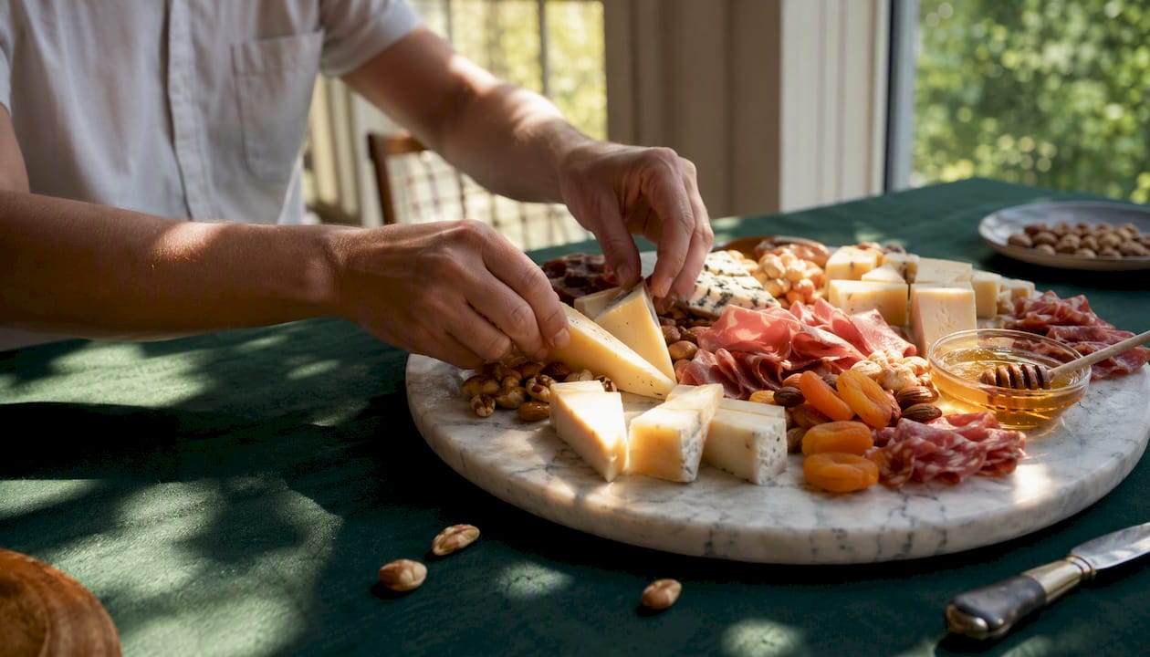 Hands assembling charcuterie gift board