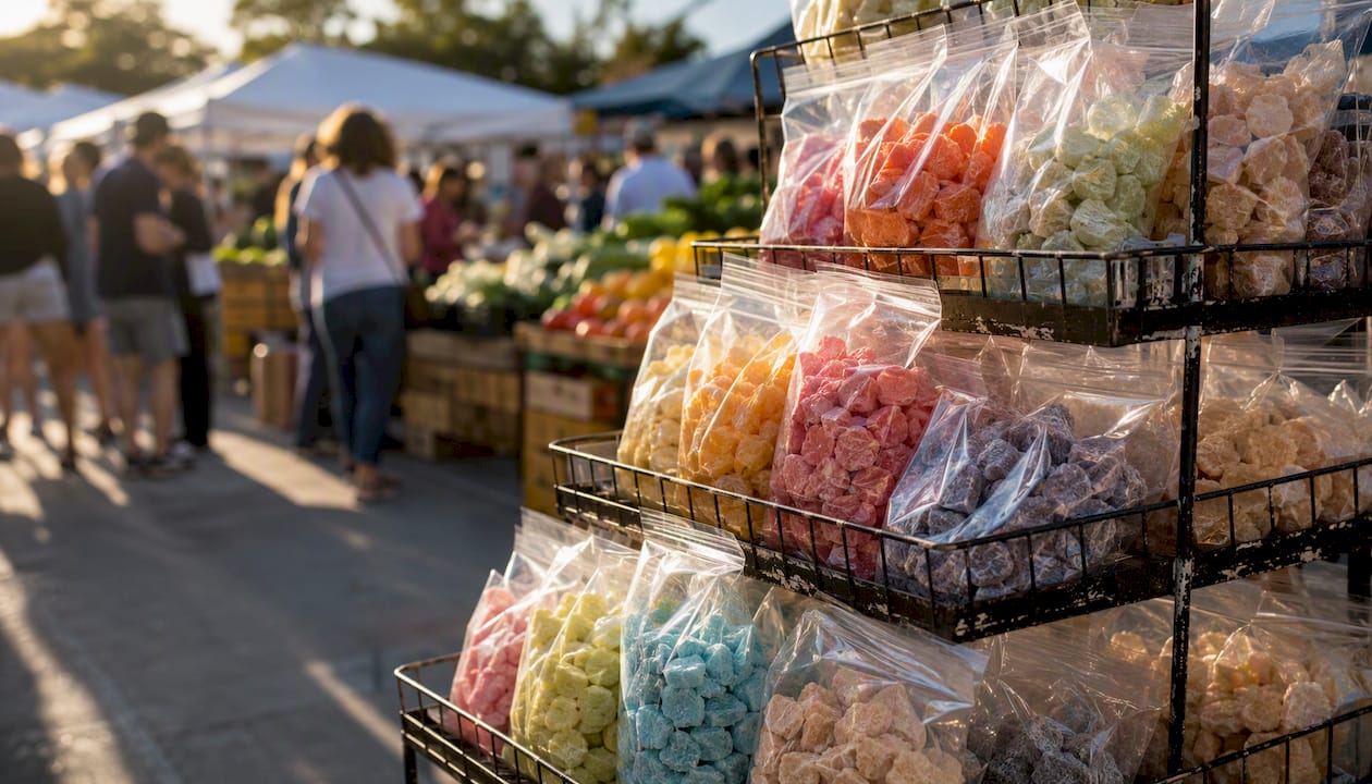 Impulse retail rack with freeze-dried candy bags