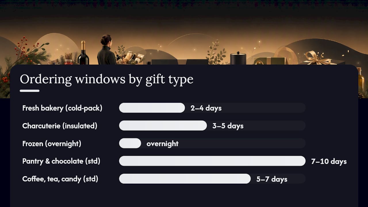 Chart of holiday food gift shipping methods and timelines