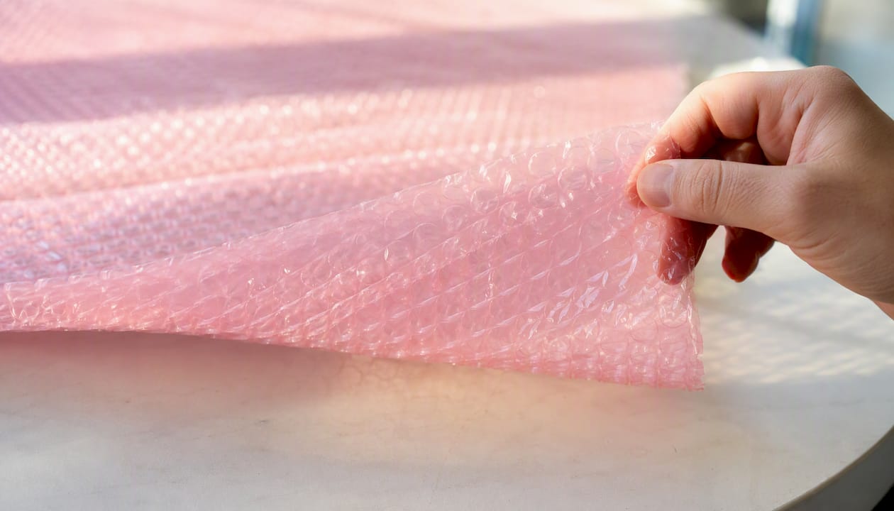 Close-up of pink anti-static bubble wrap