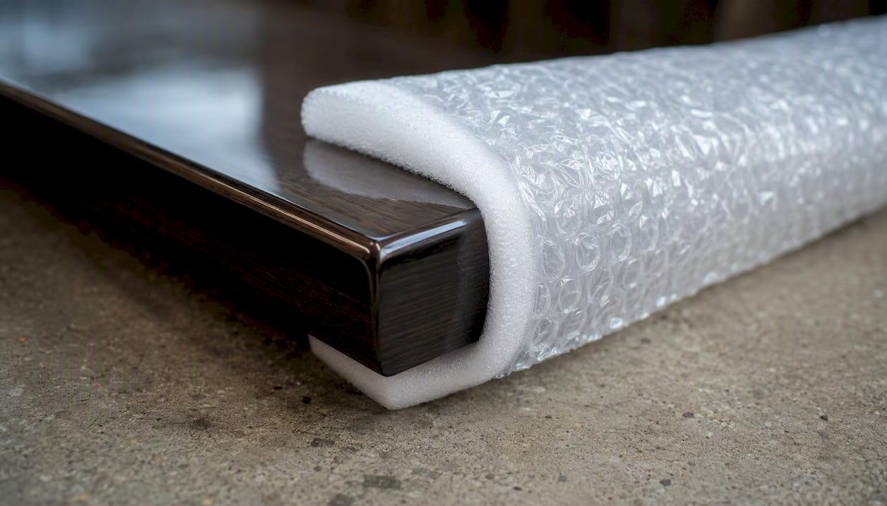 Foam-laminated bubble wrap on wood furniture edge