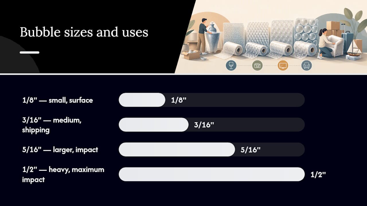Diagram of bubble wrap sizes and protection types