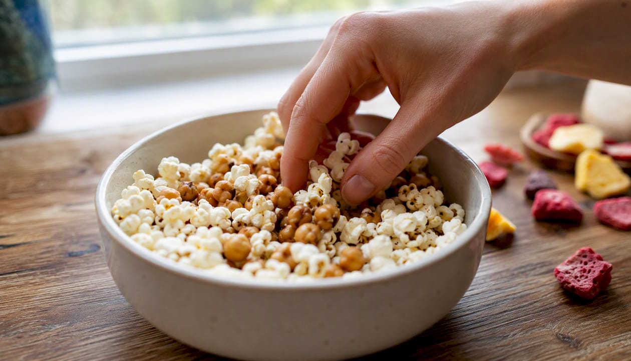 Bowl of air-popped popcorn and roasted chickpeas with veggies