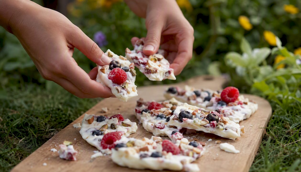 Hands breaking frozen yogurt bark with berries and nuts