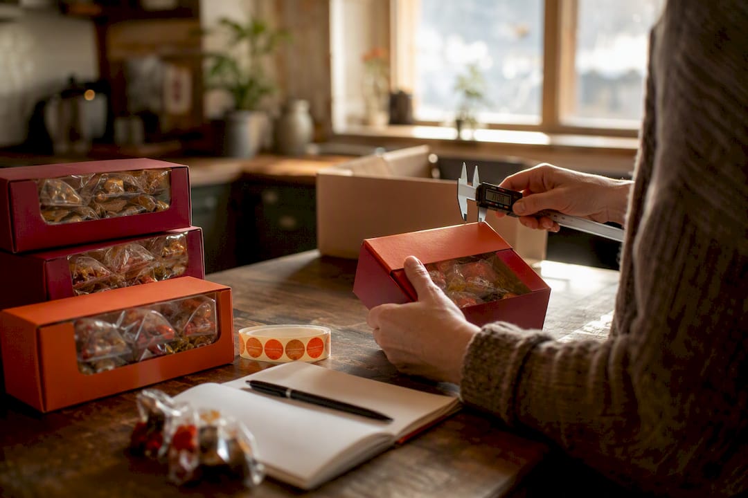 Hands inspecting candy packaging damage
