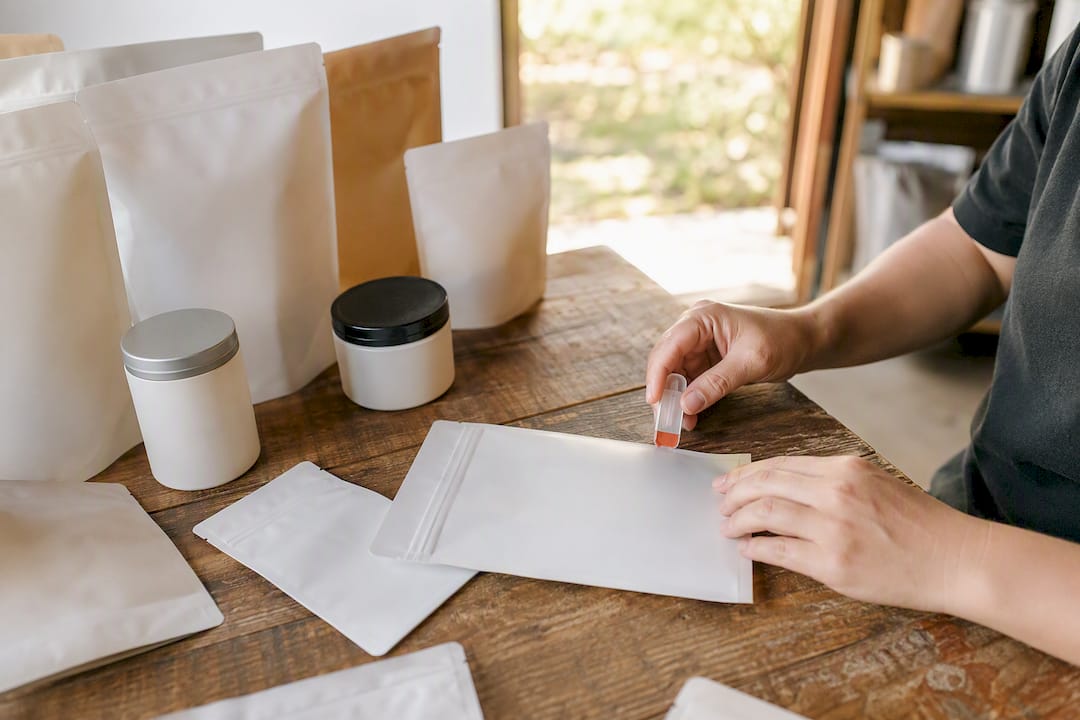 Hands applying date marking label to food package