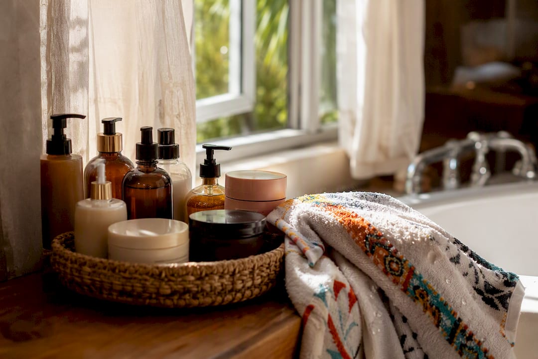 Curl moisturizing products on bathroom sink