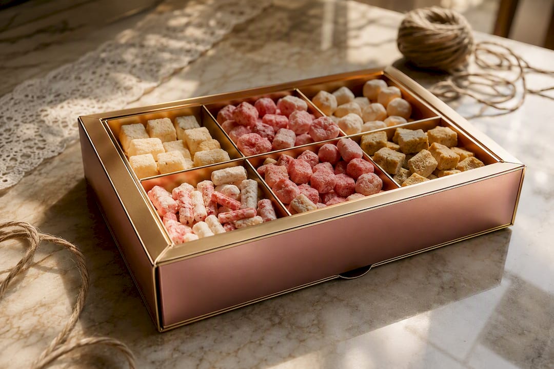 Close-up premium candy packaging corner