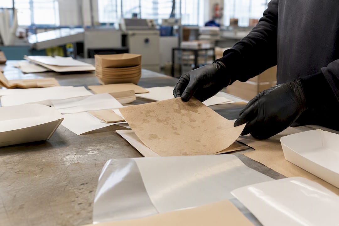 Hands inspecting food packaging materials