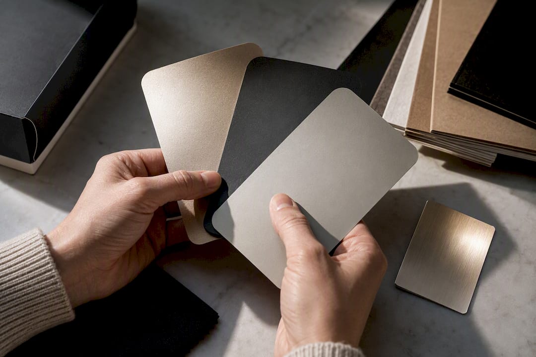 Hands comparing packaging finish swatches