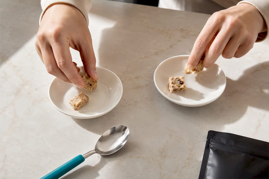 Anonymous food prototypes arranged for sensory testing