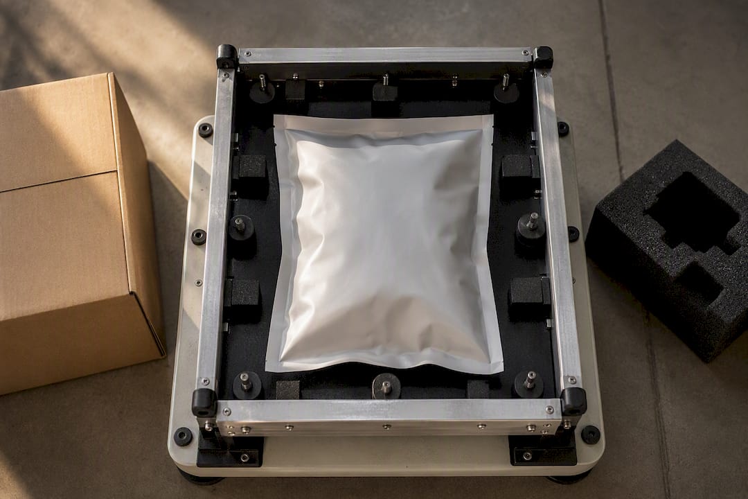 Sealed pouch undergoing packaging shake test
