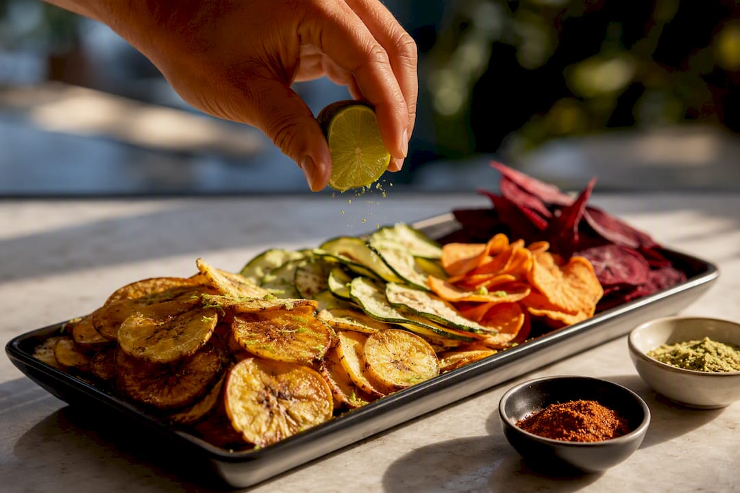 Lime being squeezed over crisp snack rounds