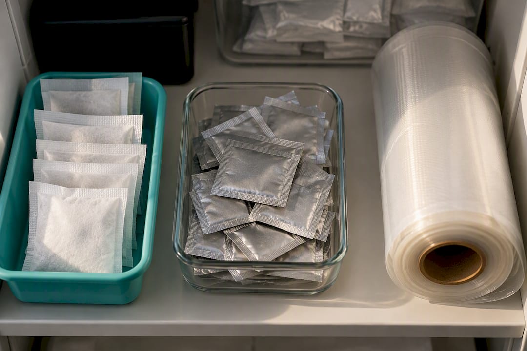 Desiccant packets beside stored packaging film