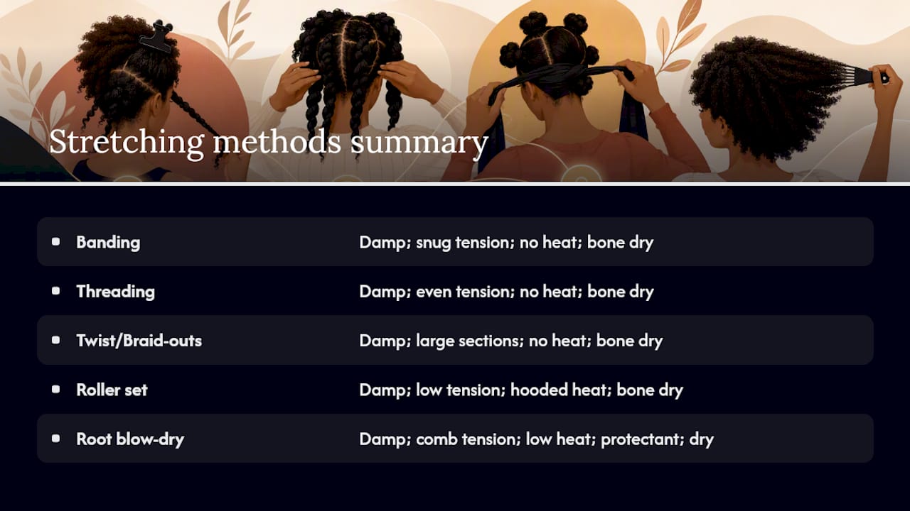 Comparison of six 4C hair stretching methods