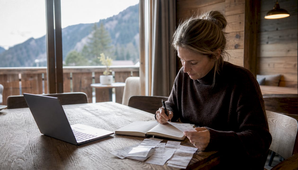 Im Fokus: Jemand kalkuliert die Nebenkosten einer Workation – die Hände tippen Zahlen in den Taschenrechner.