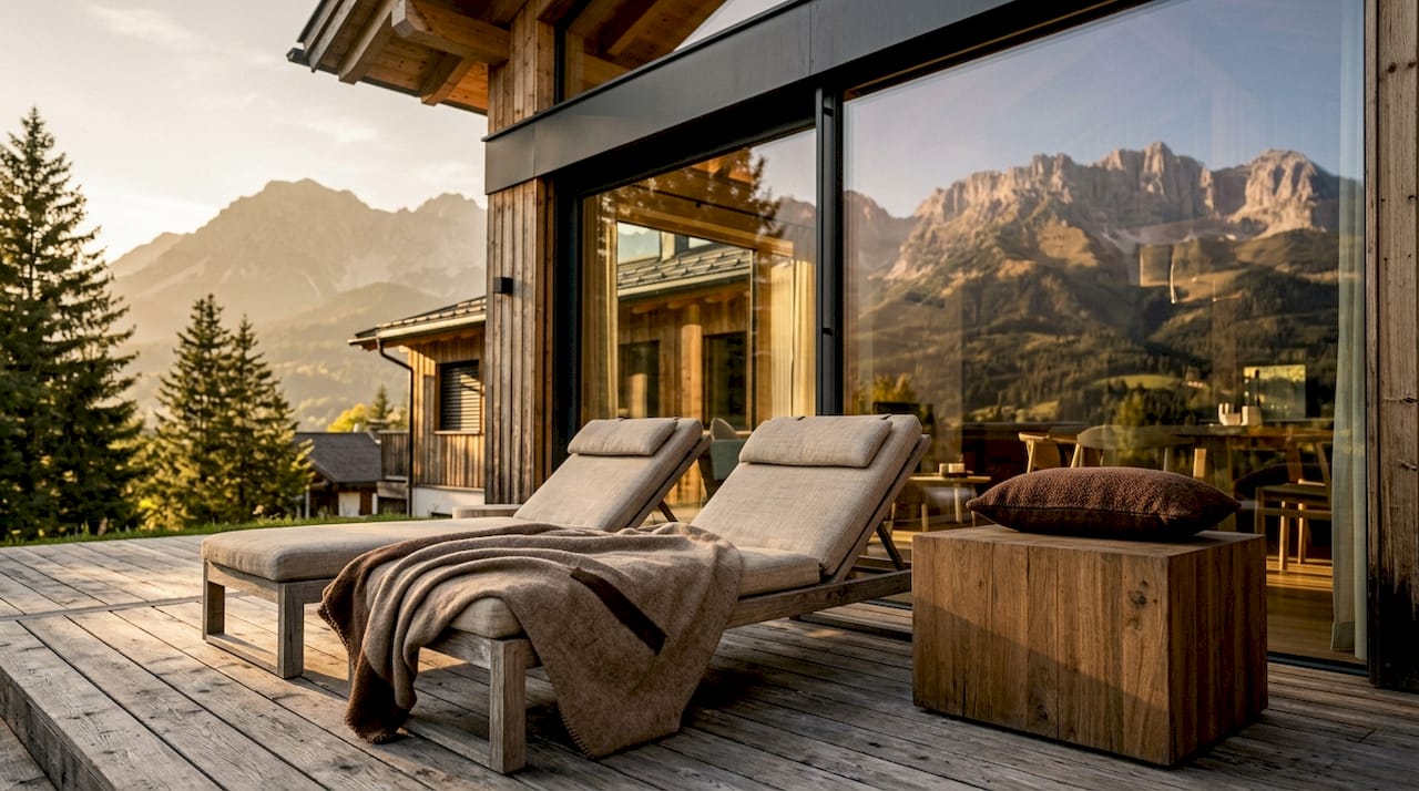 Stilvoller Wohnbereich eines exklusiven Chalets im Chiemgau – hier trifft modernes Design auf gemütliche Alpenatmosphäre.