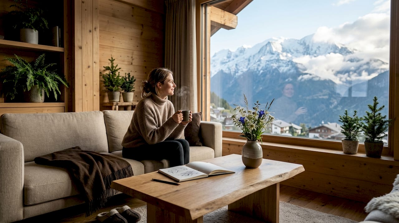 Gemütliches Wohnzimmer in einer exklusiven Alpenwohnung mit offenem Kamin