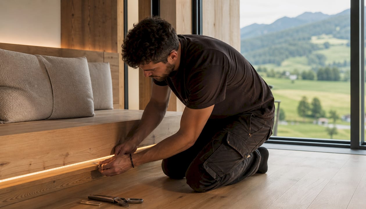 Ein Handwerker richtet die Beleuchtung an einem Holzregal aus.