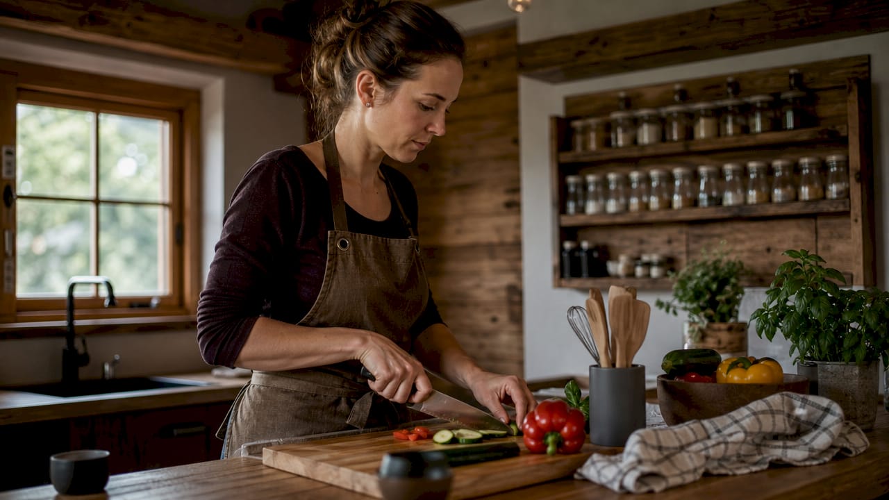 In der gemütlichen Familienküche bereitet die Mutter das Essen für alle zu.
