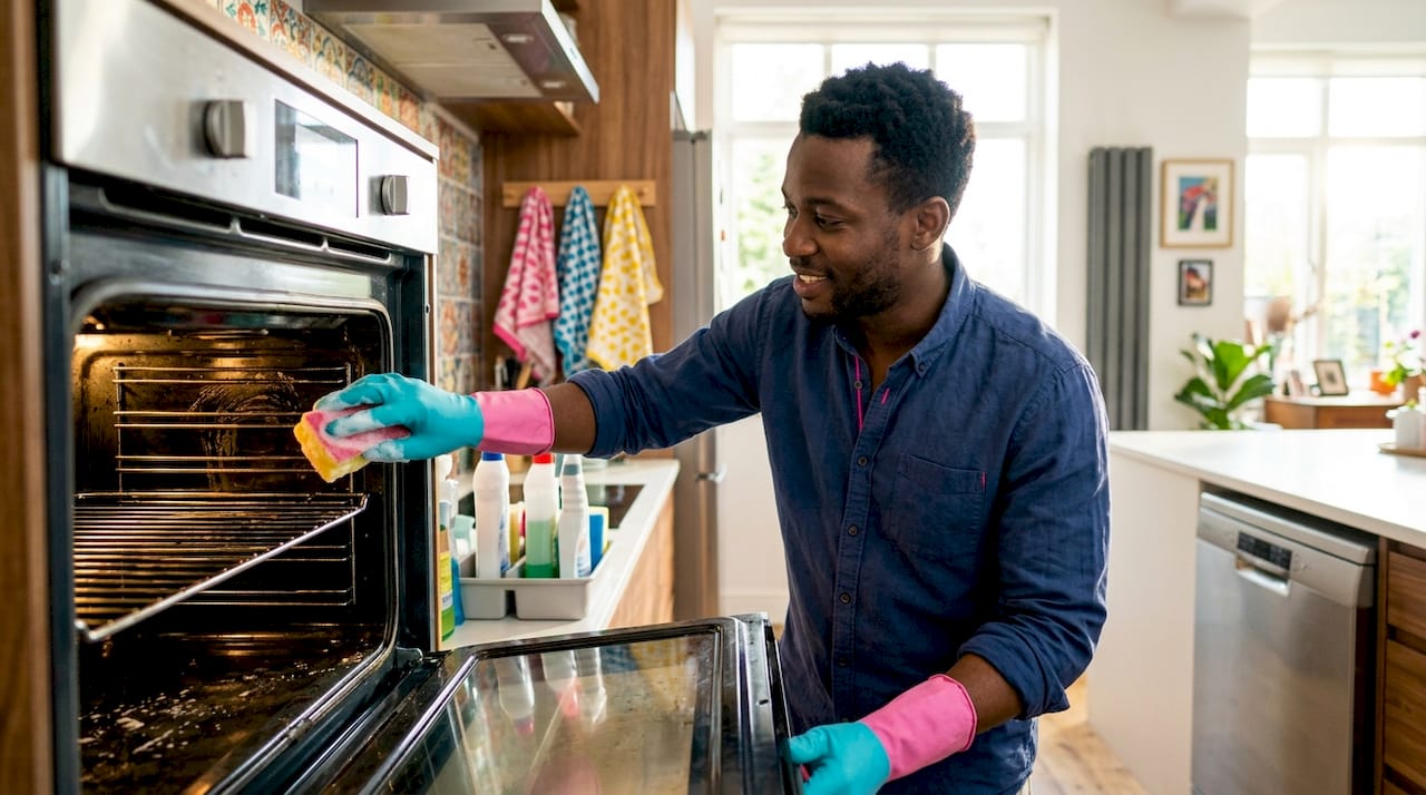 Man spraying cleaner inside oven in kitchen